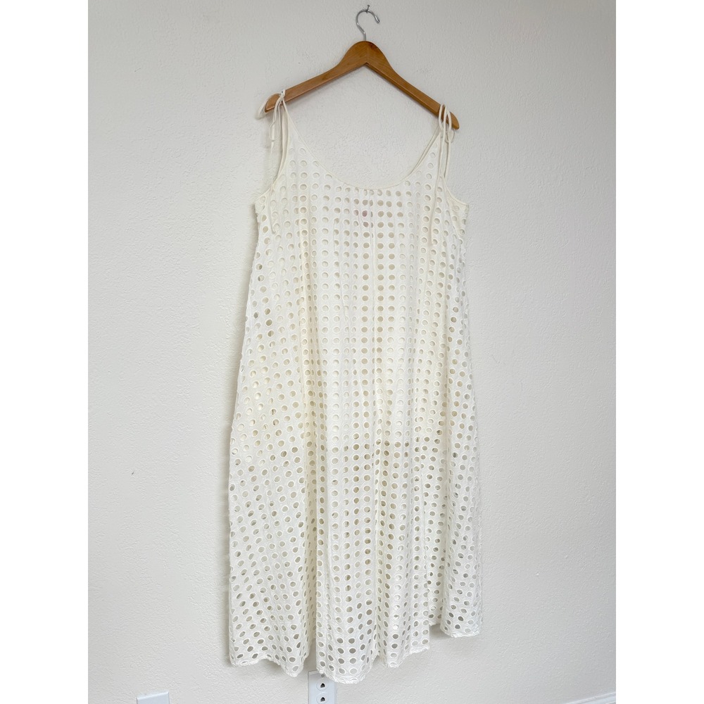 SOLID & STRIPED Womens XL White Eyelet Midi Dress Tie Shoulders Pockets Summer - Picture 2 of 9